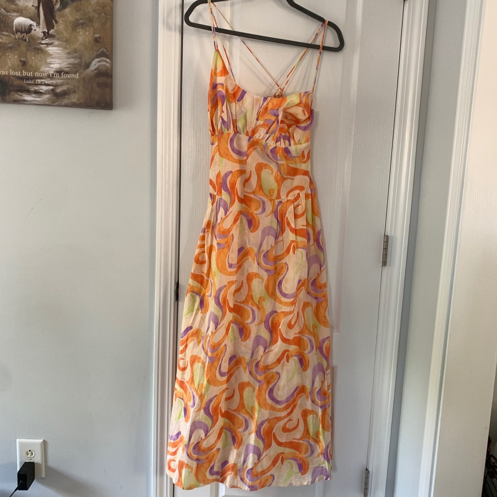 ASOS DESIGN Orange Abstract Swirl Print Cotton Maxi Dress‎ Strappy Back Sz 8